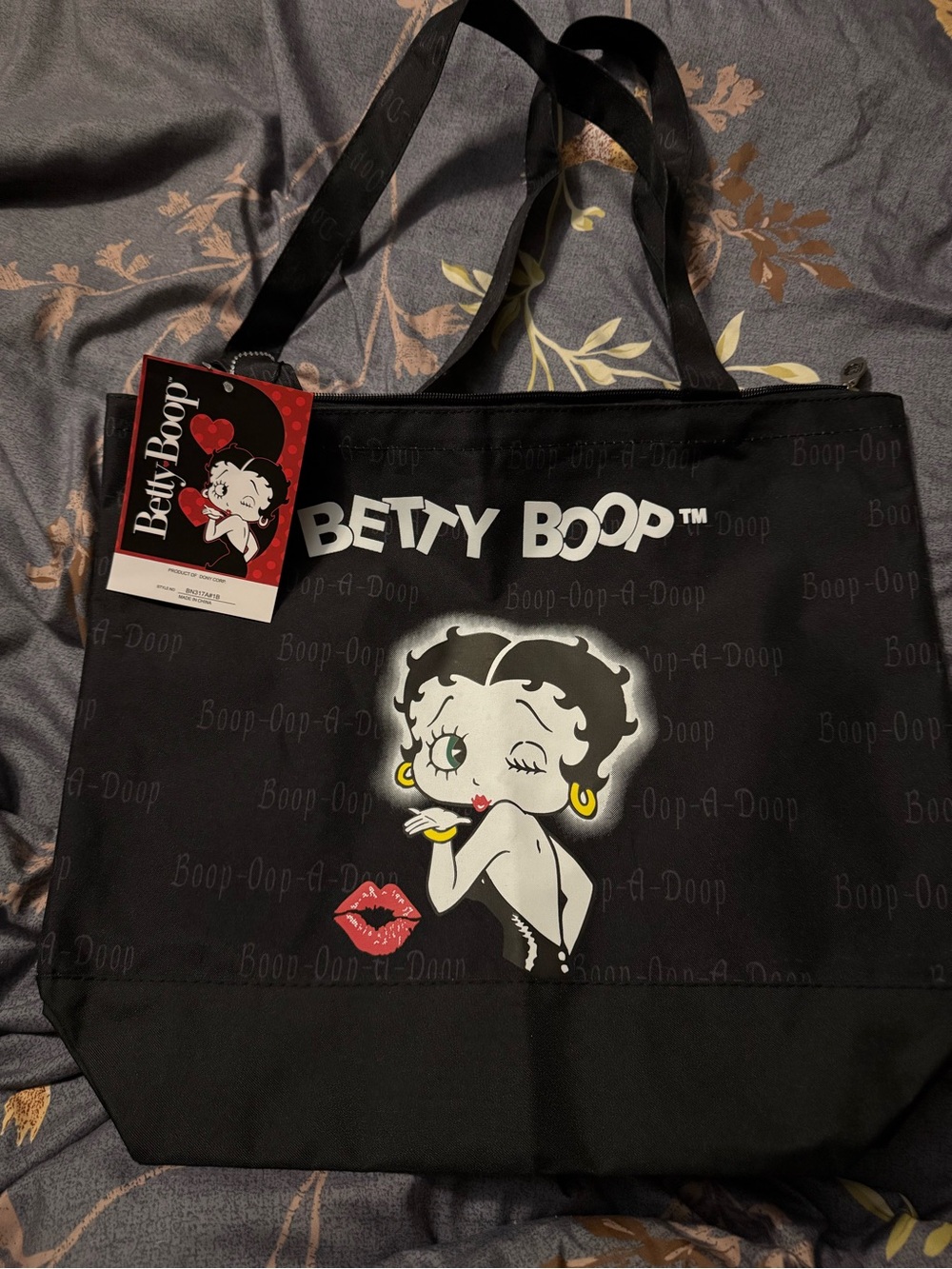 Betty Boop Black Tote with Kiss Graphic and Gold Accents